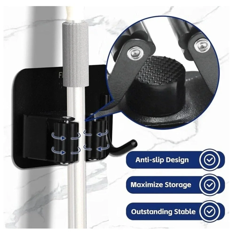 FPOSEI Broom Mop Holder‎ 4 Pack Black Stainless Steel Wall Mount Adhesive Hook